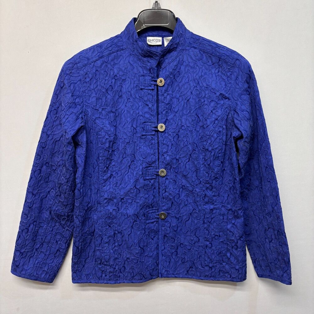 Chico's Women Button Front Textured Jacket Size 1 Blue Cotton Blend B381 -12